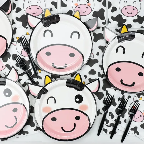 Miniatura 3 de Suministros de fiesta con estampado de vaca: platos con forma de vaca, servilletas con patrón, tenedores, cubierta de mesa para cumpleaños de niñas