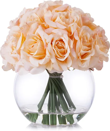 Miniatura 5 de Arreglo floral de rosas abiertas de seda de 21 cabezas en jarrón redondo de vidrio con agua sintética para decoración de centros de mesa de boda