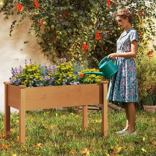 Miniatura 2 de HAPPYGRILL - Cama de jardín elevada, caja de jardín de madera para exteriores con patas, agujeros de drenaje, tela de revestimiento de jardín negra
