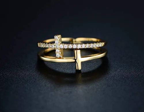 Miniatura 6 de Barzel Anillo de doble cruz chapado en oro de 18 quilates