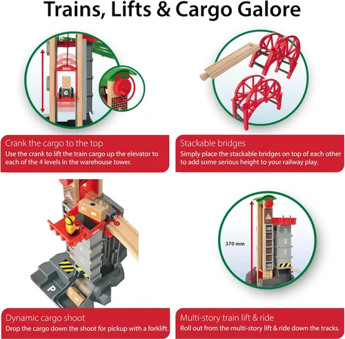 Miniatura 6 de BRIO World Lift & Load Warehouse Set - Juego de tren de madera de 32 piezas, funciona con todos los juegos de ferrocarriles de madera, incluye