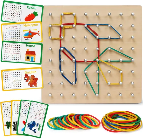 Tablero geométrico de madera para niños - Juguete educativo Montessori STEM con tarjetas de patrones y bandas de goma, rompecabezas de formas de
