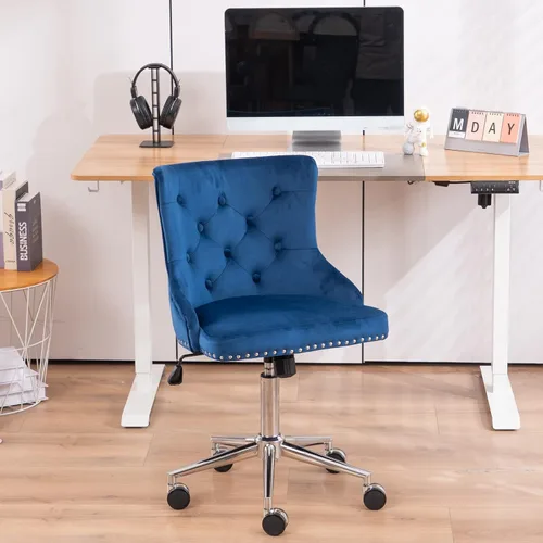 Miniatura 9 de VINGLI Silla de Escritorio de Terciopelo Azul Marino sin Brazos para Oficina en Casa con Base/Ruedas Doradas, Linda Silla de Tocador/Maquillaje