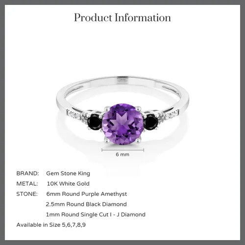 Miniatura 6 de Gem Stone King Anillo de compromiso de oro blanco de 10 quilates con diamantes negros y diamantes blancos con detalle de 3 piedras para mujer