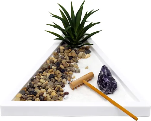 Miniatura 7 de Kit de jardín zen mini de Nature's Mark para escritorio con arena blanca, rastrillo, base blanca, roca de sal y planta aérea (hexágono)