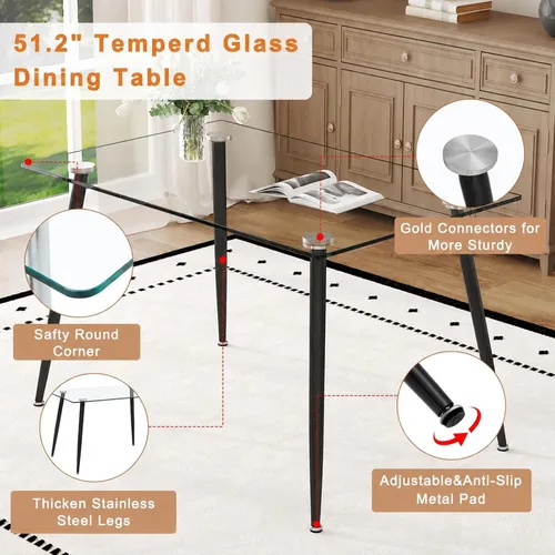 Miniatura 4 de Juego de mesa de comedor de vidrio Ebullient para 4, mesa de 51" de vidrio templado transparente con patas de metal negro y 4 sillas de acrílico