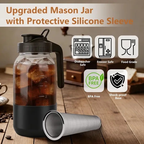 Miniatura 2 de Cafetera de café frío, jarra de frasco Mason con filtro de acero inoxidable, tapa con mango y pico vertedor, vidrio resistente hermético y a prueba