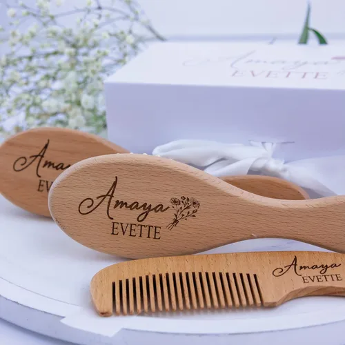 Miniatura 5 de Juego de cepillos personalizados para el pelo del bebé, caja de regalo de cepillo y peine de madera grabada personalizada para bebés, niñas y niños