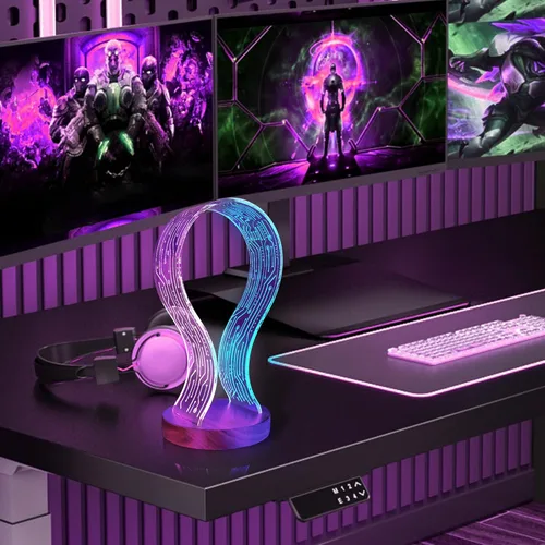 Miniatura 4 de Lampeez Soporte para auriculares con luz nocturna LED azul y rosa, madera de nogal para jugadores, amantes de la música, idea de regalo