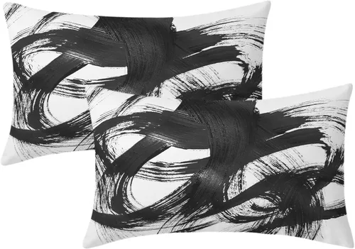 Sweetshow Juego de 2 fundas de almohada negras y blancas de 12 x 20 pulgadas, diseño de líneas abstractas, arte moderno, minimalista, decorativo,