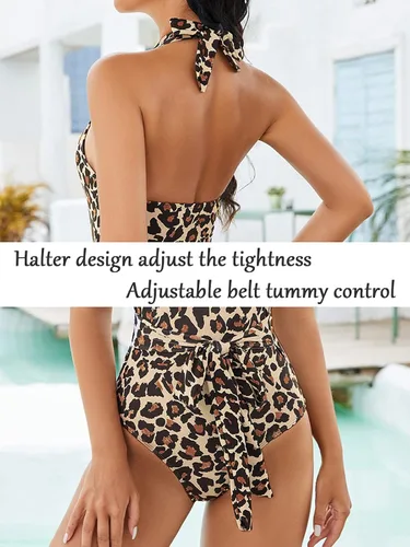 Miniatura 2 de Shen&Qege Traje de baño para mujer, cuello en V profundo, espalda desnuda, traje de baño de una pieza con cinturón ajustable