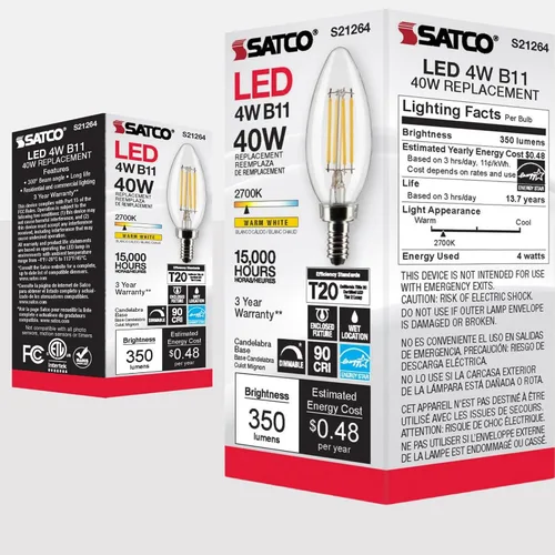 Miniatura 7 de Satco Lámpara LED, S21264 4B11/LED/927/CL/120V/E12, bombilla B11 de 4 W, transparente; base de candelabro; 90 CRI; 2700 K; 120 voltios