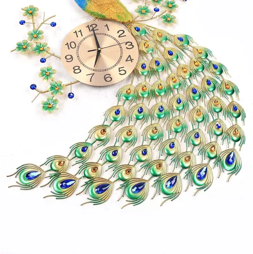 Miniatura 2 de Reloj de pared grande de pavo real, 29.5 pulgadas, reloj de pared grande de pavo real, decoración de cristal, hierro forjado y esfera metálica