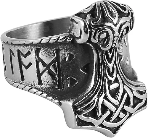 HZMAN Anillo vikingo de acero inoxidable para hombre, símbolo de Odin, vikingos, martillo de Thor, joyería gótica de guerrero (tamaño, 7-14), Acero