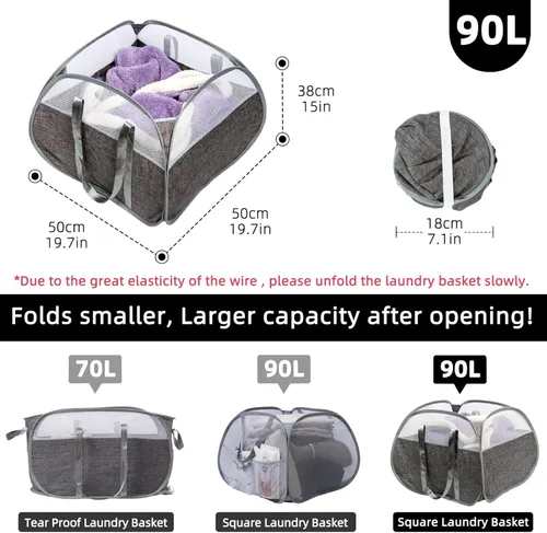Miniatura 2 de Cesta de Ropa Plegable, Cesto de Ropa Sucia Plegable Emergente de 90L con Asas Reforzadas, Cesto de Ropa Sucia de Malla a Prueba de Desgarros