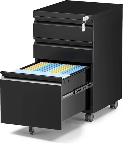 Miniatura 34 de Archivador de metal con 2 cajones con cerradura, gabinete archivador con soporte para impresora móvil y estantes para archivos de tamaño Negro