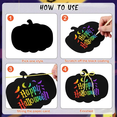 Miniatura 3 de JULMELON Kit de manualidades de papel para rascar de Halloween de 36 piezas, lote de calabazas de Halloween, arte mágico de arco iris para rascar