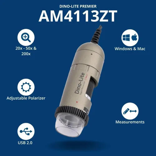 Miniatura 2 de Dino-Lite Microscopio digital USB AM4113ZT - 1.3MP, 20x - 50x, aumento óptico 200x, medición, luz polarizada, software de Windows/Mac incluido 1.3MP