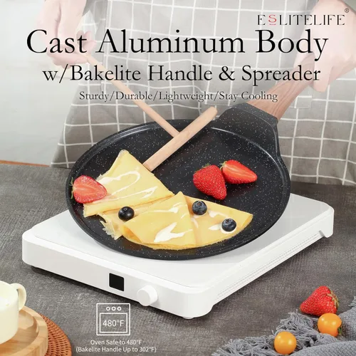 Miniatura 4 de ESLITE LIFE Sartén para crepas de 9.5 pulgadas con esparcidor, sartén Dosa con revestimiento de granito antiadherente, sartén Roti Tawa Comal