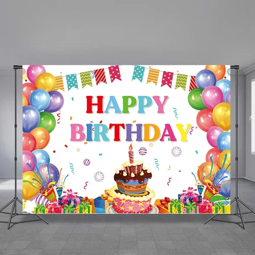 Miniatura 9 de Cartel de feliz cumpleaños, telón de fondo de globos coloridos para fiestas de niños, pasteles de colores grandes, fotografía, telón de fondo