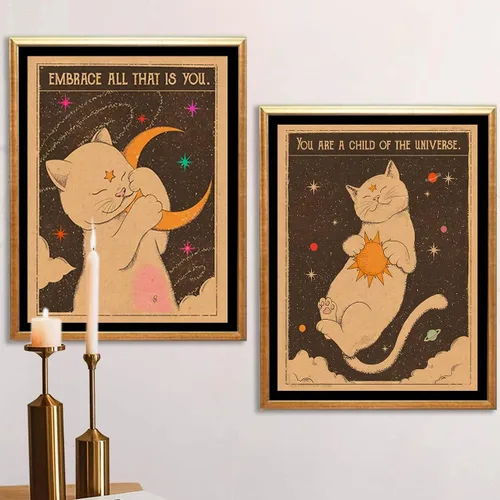2 piezas de carta de tarot retro, póster de impresión de sol, luna, gato, arte de pared, hippie, bohemio, estética, decoración de habitación,