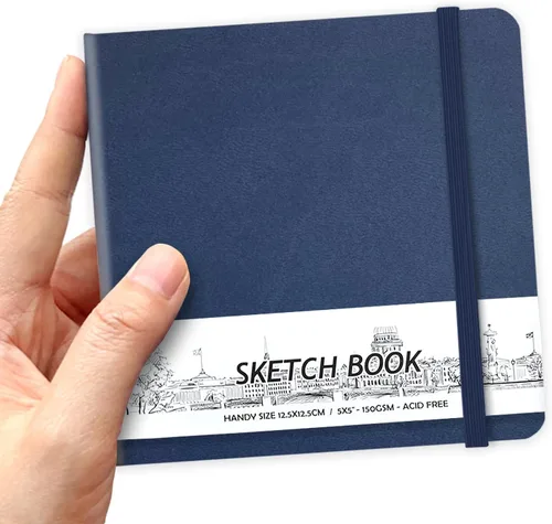 Miniatura 8 de Cuaderno de bocetos de bolsillo cuadrado de tapa dura de cuero PU de 5" x 5", 58 hojas de papel beige Dowling de 150 GSM, libro de bocetos de arte