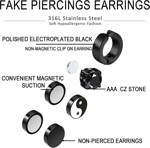 Miniatura 3 de Aretes negros para hombre, 4 pares de aretes de acero quirúrgico, hipoalergénicos Aritos para Hombre, juego de aretes negros para hombre y mujer