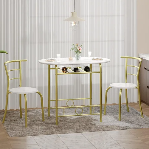 Miniatura 7 de VECELO juego de mesa de comedor de 3 piezas para cocina o desayunador, con superficie ovalada de grano de madera y estructura de metal con estante