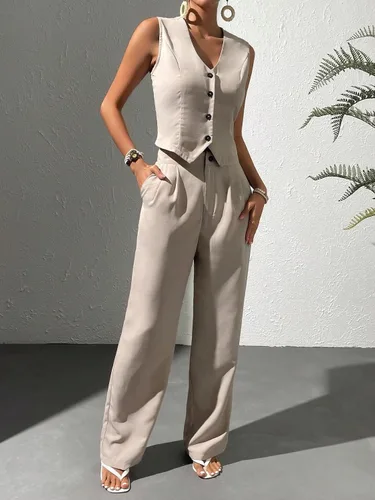 Miniatura 3 de WDIRARA Conjunto de 2 piezas para mujer, chaleco con botones frontales, sin mangas, cuello en V, chaqueta y pantalones