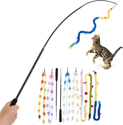 Juguete de varita para gatos, 9 piezas retráctiles de felpa Srtip para gatos, juguetes con campana y cuerda, juguetes interactivos largos para