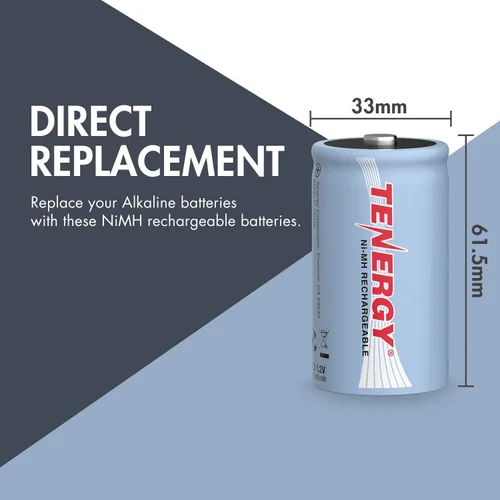 Miniatura 2 de Tenergy Batería NiMH D de 10000 mAh, batería recargable de alta capacidad de tamaño D, baterías de celda D de alto drenaje para linterna, paquete