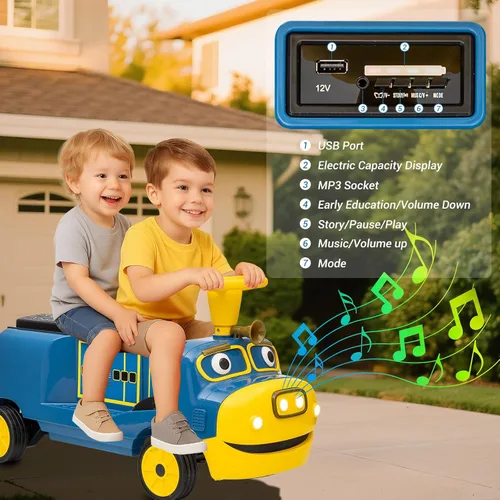 Miniatura 5 de CHUGGINGTON - Tren de 12 V para niños, tren eléctrico de 2 plazas con asiento abatible ajustable, silbato de tren, faro LED, caja de almacenamiento