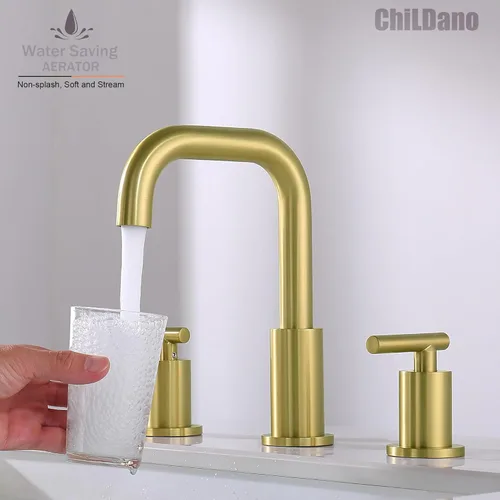 Miniatura 4 de ChiLDano Grifo de Baño Dorado con Desagüe y Manguera de Suministro, 2 Manijas Grifo de Baño Extendido Oro Cepillado para Lavabo de 3 Orificios