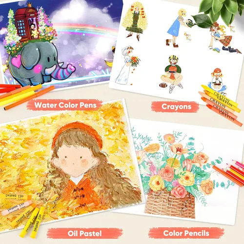 Miniatura 4 de Soucolor - Juego de pintura y dibujo, 183 piezas, kit de arte para colorear, estuche de regalo: crayones, pasteles al óleo, acuarelas en pastilla
