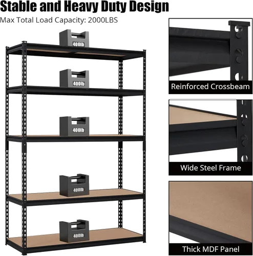 Miniatura 4 de GarveeHome Estantes de almacenamiento resistentes, 5 niveles de 48 x 24 x 72 pulgadas, estantería de almacenamiento ajustable para garaje, estante