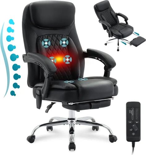 Silla de oficina de masaje de 6 puntos con silla de oficina térmica y ergonómica con reposapiés y respaldo alto reclinable de 45°, silla de oficina