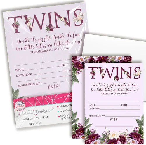 AmandaCreation - Invitaciones florales de peonía morada para baby shower para gemelos, 20 tarjetas de relleno de 5 x 7 pulgadas con veinte sobres
