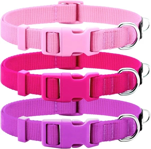 Miniatura 12 de azuza Paquete de 3 collares de perro cómodos y ajustables de nailon para perros pequeños, S (11-16 pulgadas), rosa, rosa intenso y morado 2#3 Pack