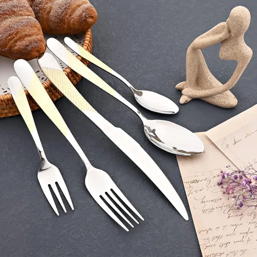 Miniatura 6 de JASHII Juego de cubiertos martillados, 20 piezas de acero inoxidable de alta calidad para 4, incluye tenedor y cucharadita, apto para lavavajillas