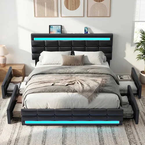 Miniatura 8 de ADORNEVE Base de cama de tamaño matrimonial con cajones de almacenamiento, cabecera con luces LED, plataforma de cuero tapizada con 2 puertos USB