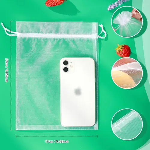 Miniatura 2 de 50 bolsas de malla de frutas blancas – Bolsas de malla de 6 x 9 pulgadas con cordón para uvas, mango, verduras blanco (White 6x9)