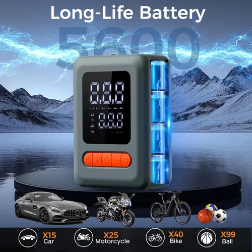 Miniatura 2 de ApexNexus Inflador de Neumáticos Compresor de Aire Portátil y Arrancador de Coche, Bomba de Aire Inalámbrica con Luz LED y Manómetro de Presión