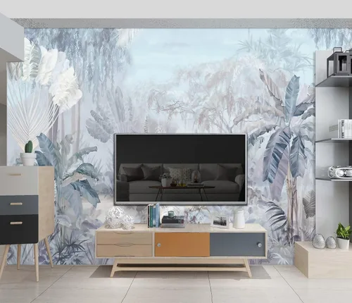 Miniatura 98 de Papel pintado botánico de selva tropical Hojas verdes de planta murales Estética para decorar habitación Sala de estar Fondo de TV Gran mural de B033