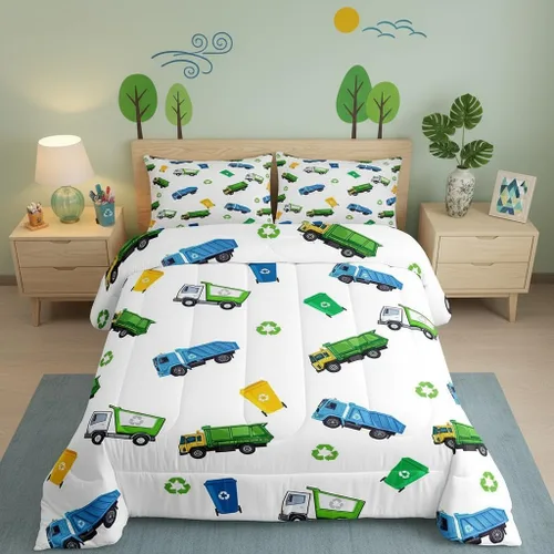 Miniatura 6 de Juego de edredón de camión de basura para niños, tamaño King, juego de ropa de cama de automóvil de dibujos animados para niños, adolescentes
