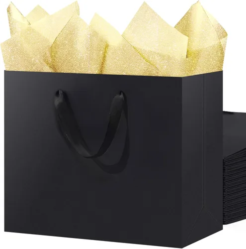 Miniatura 10 de SHIPKEY Paquete de 10 bolsas de regalo pequeñas Bolsa de regalo negra de 6x2.5x8 pulgadas, bolsas de papel para hombres, bolsa de recuerdo