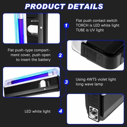 Miniatura 3 de Dunzy 2 unids linterna de luz negra UV portátil luz negra LED luz UV funciona con pilas negro negro antorcha falsificación Bill Detector