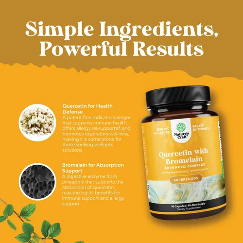 Miniatura 6 de Paquete de quercetina pura con suplemento de bromelina + cápsulas de 500 mg para apoyo inmunológico y respiración y zinc de 50 mg – Mejora