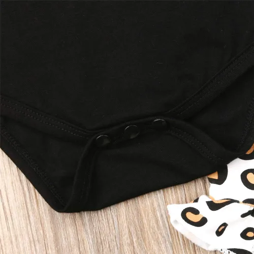 Miniatura 5 de DuAnyozu Conjunto de 3 piezas de ropa para bebés y niñas, lindo mameluco con estampado de leopardo, pantalones cortos de verano