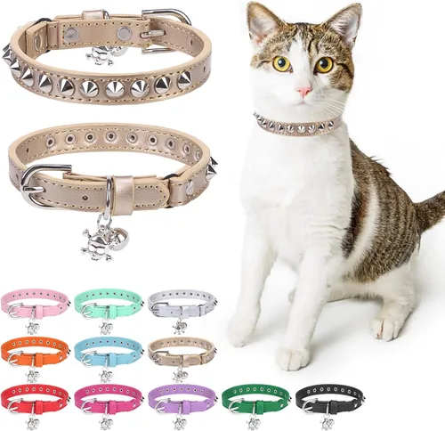 Miniatura 25 de Collares de cuero DILLYBUD para gatos macho y hembra con campana y cinturón elástico de seguridad, collar ajustable con hebilla de seguridad