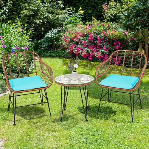 Miniatura 14 de Tangkula - Juego de 3 piezas para conversación en el patio, juego de muebles de mimbre al aire libre con mesa redonda de vidrio templado y 2